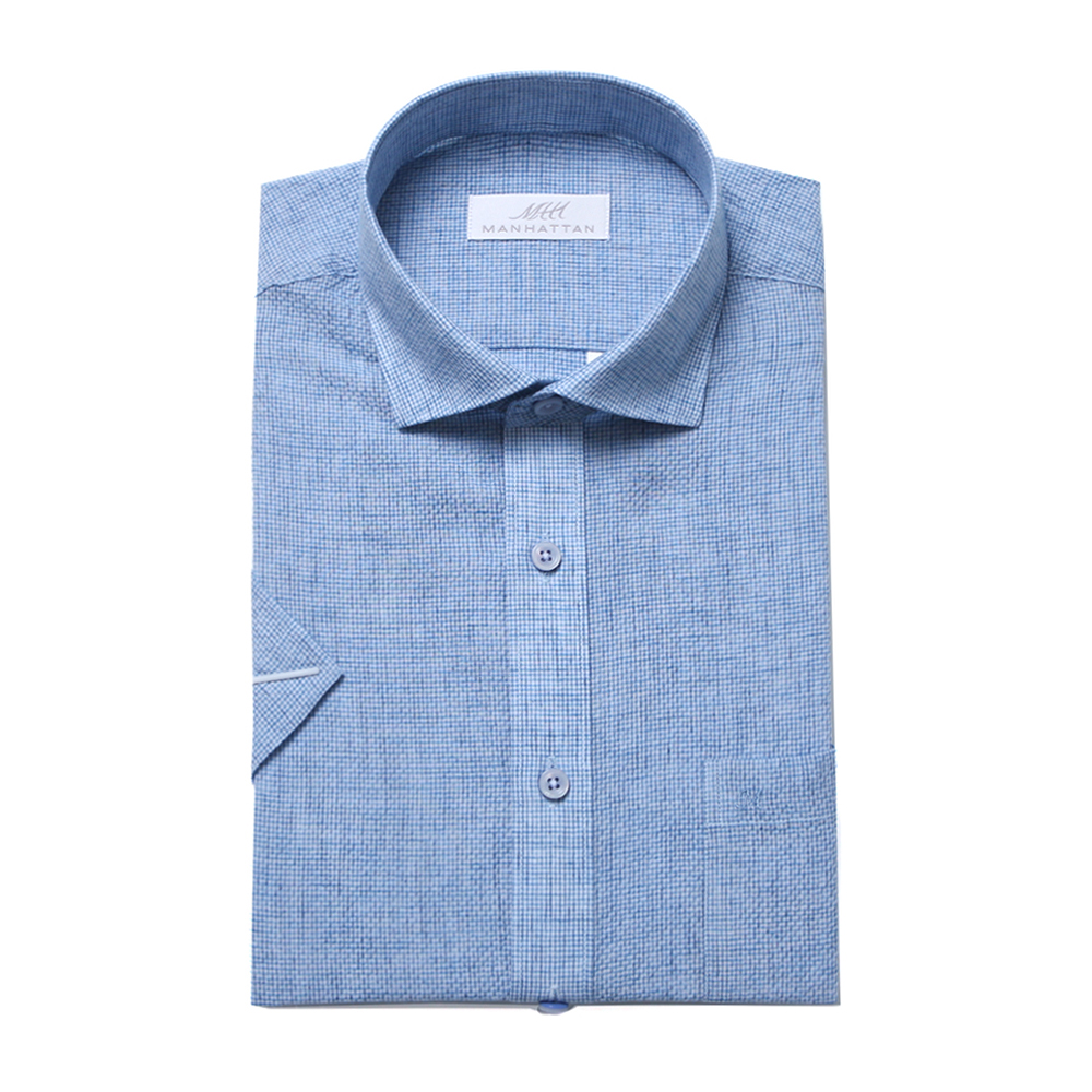 맨하탄 면혼방 시어서커 나노깅엄체크 캐주얼셔츠(블루)